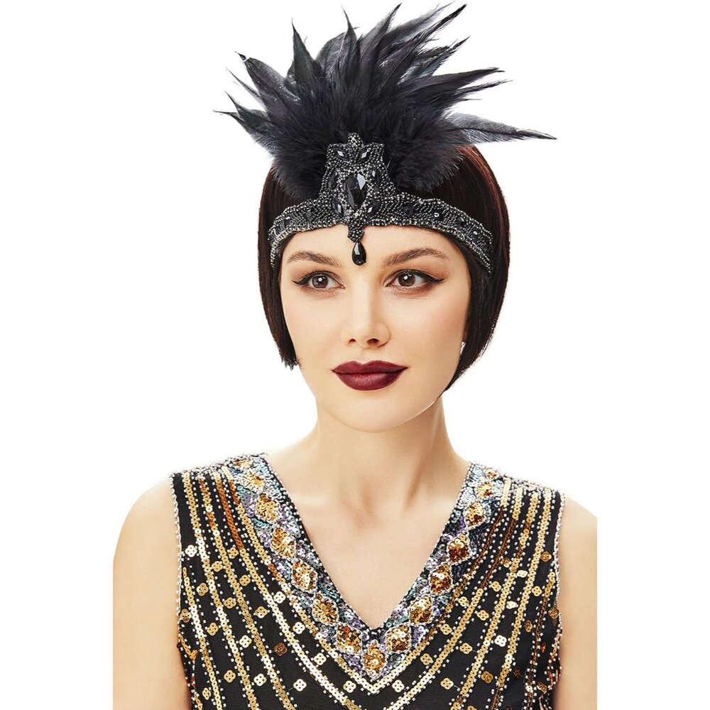 Black Feather Flapper Headband with Beaded Jewel Accent